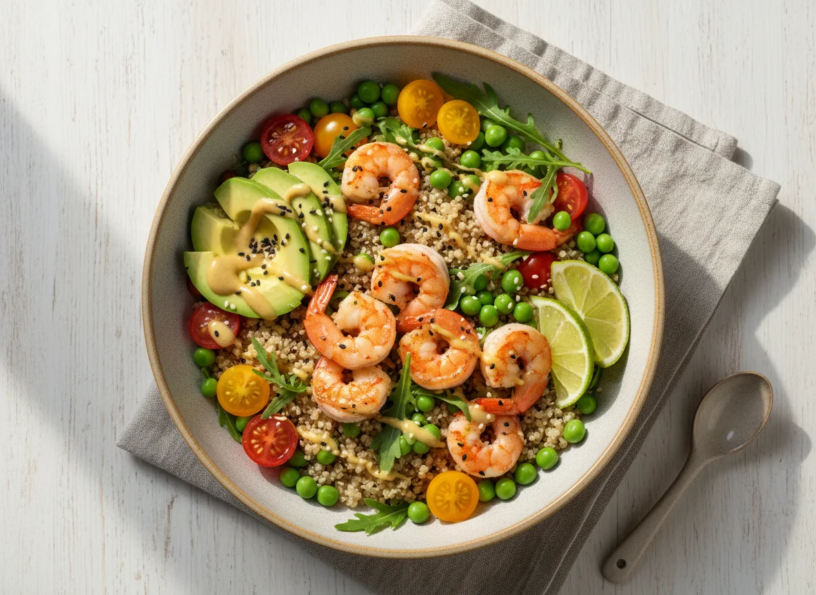 Боул с киноа и креветками photo