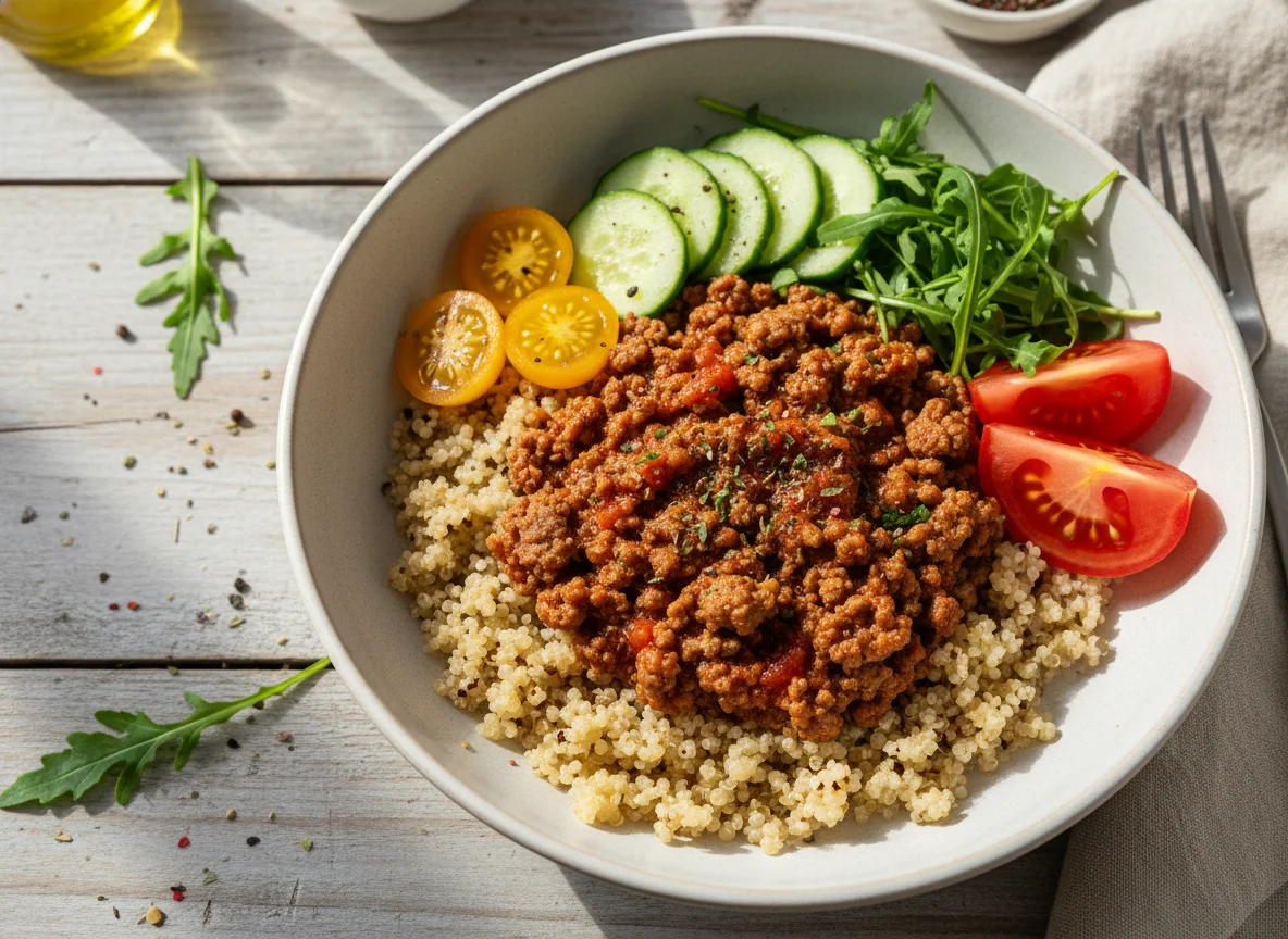 Боул с киноа, мясным фаршем и овощами photo