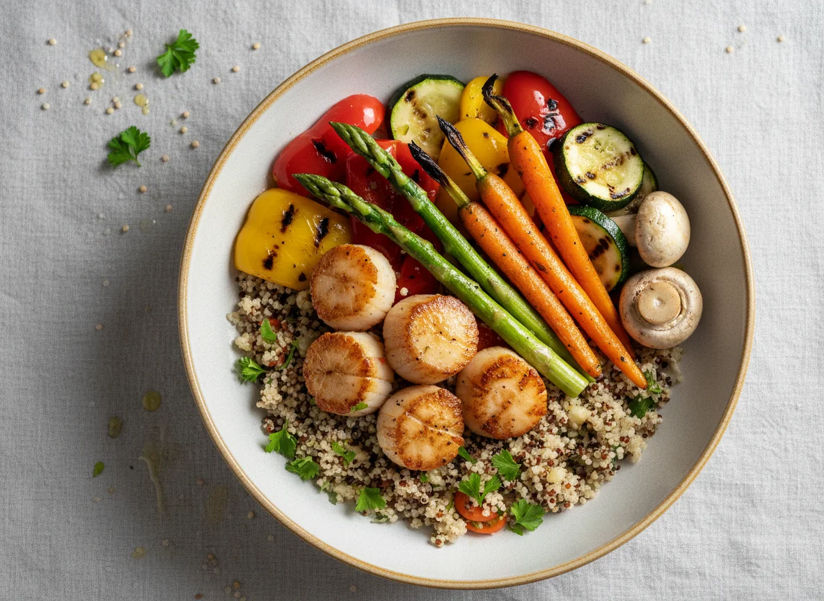 Боул с киноа, морским гребешком и овощами гриль photo