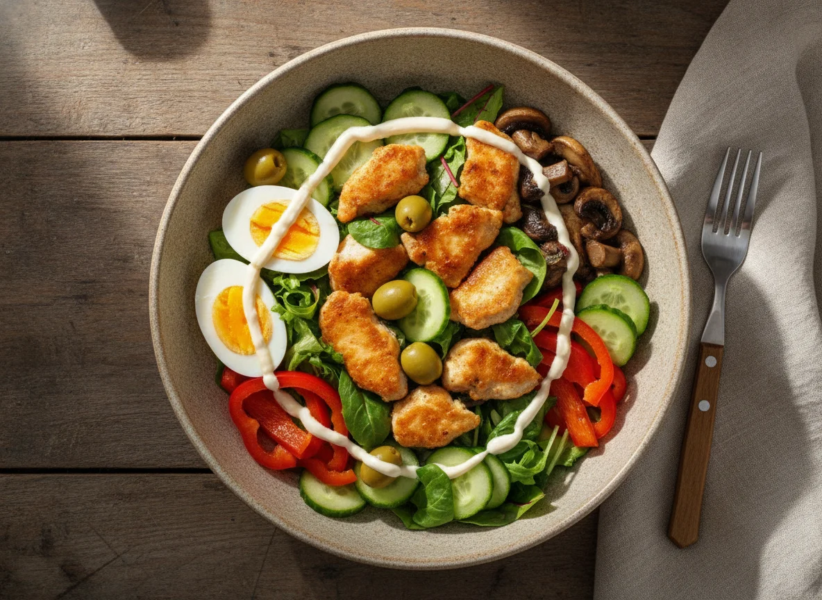 Боул с курицей, яйцом и овощами photo
