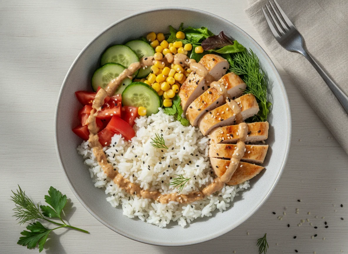 Боул с курицей, рисом и овощами photo