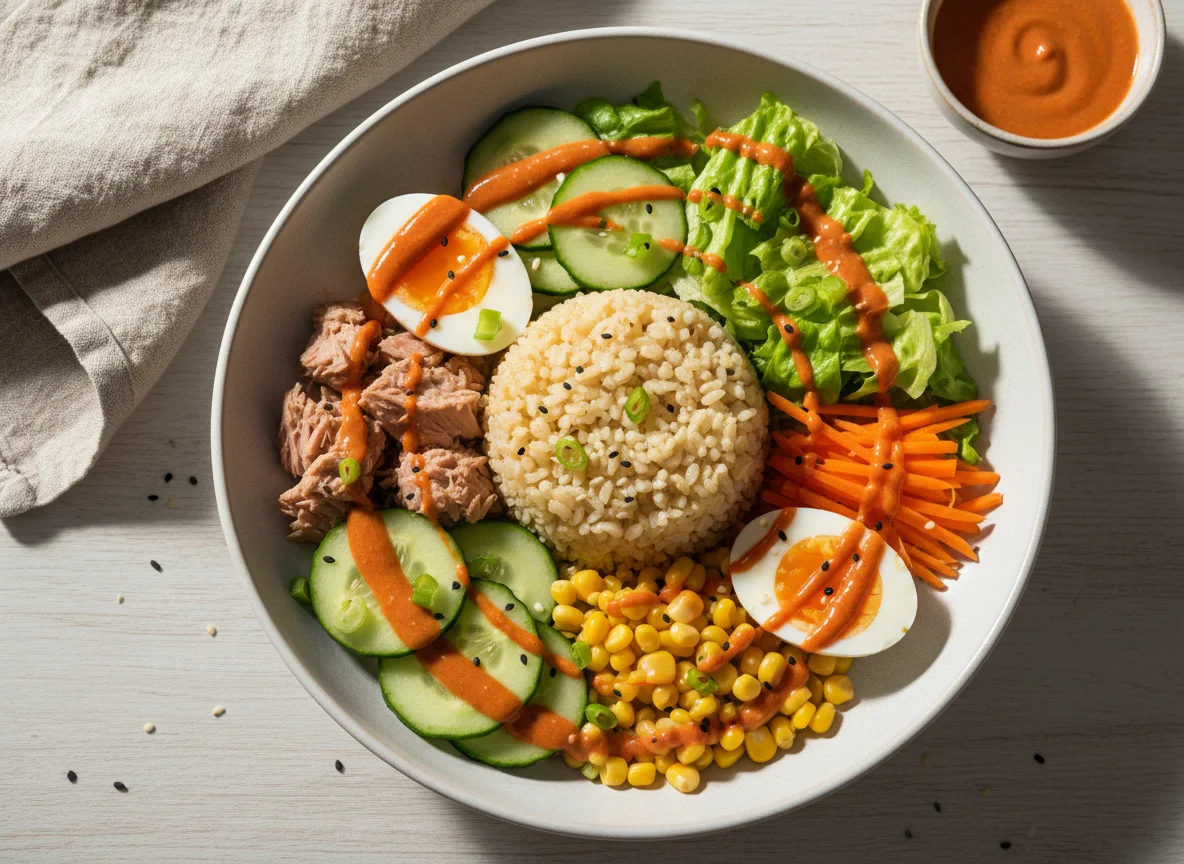 Боул с тунцом, булгуром и овощами под соусом спайси photo
