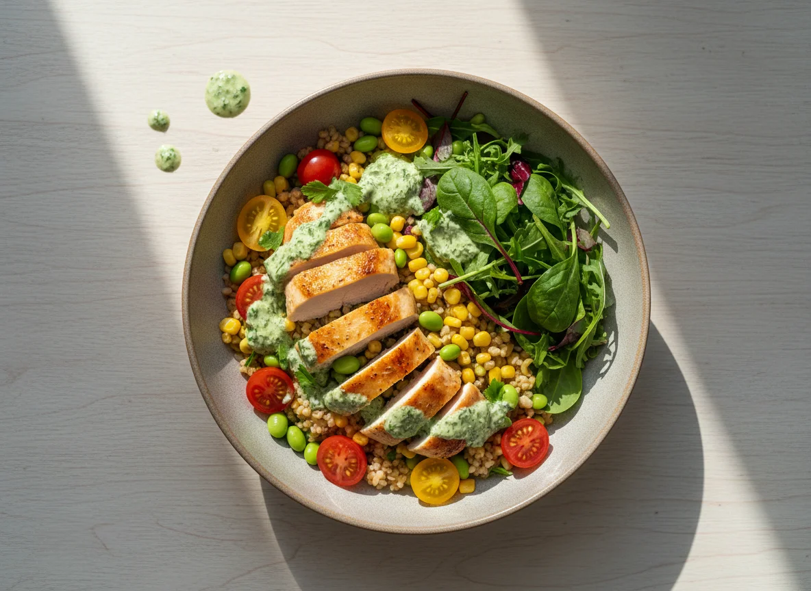 Боул с запеченной курицей, булгуром и соусом из зеленых трав photo