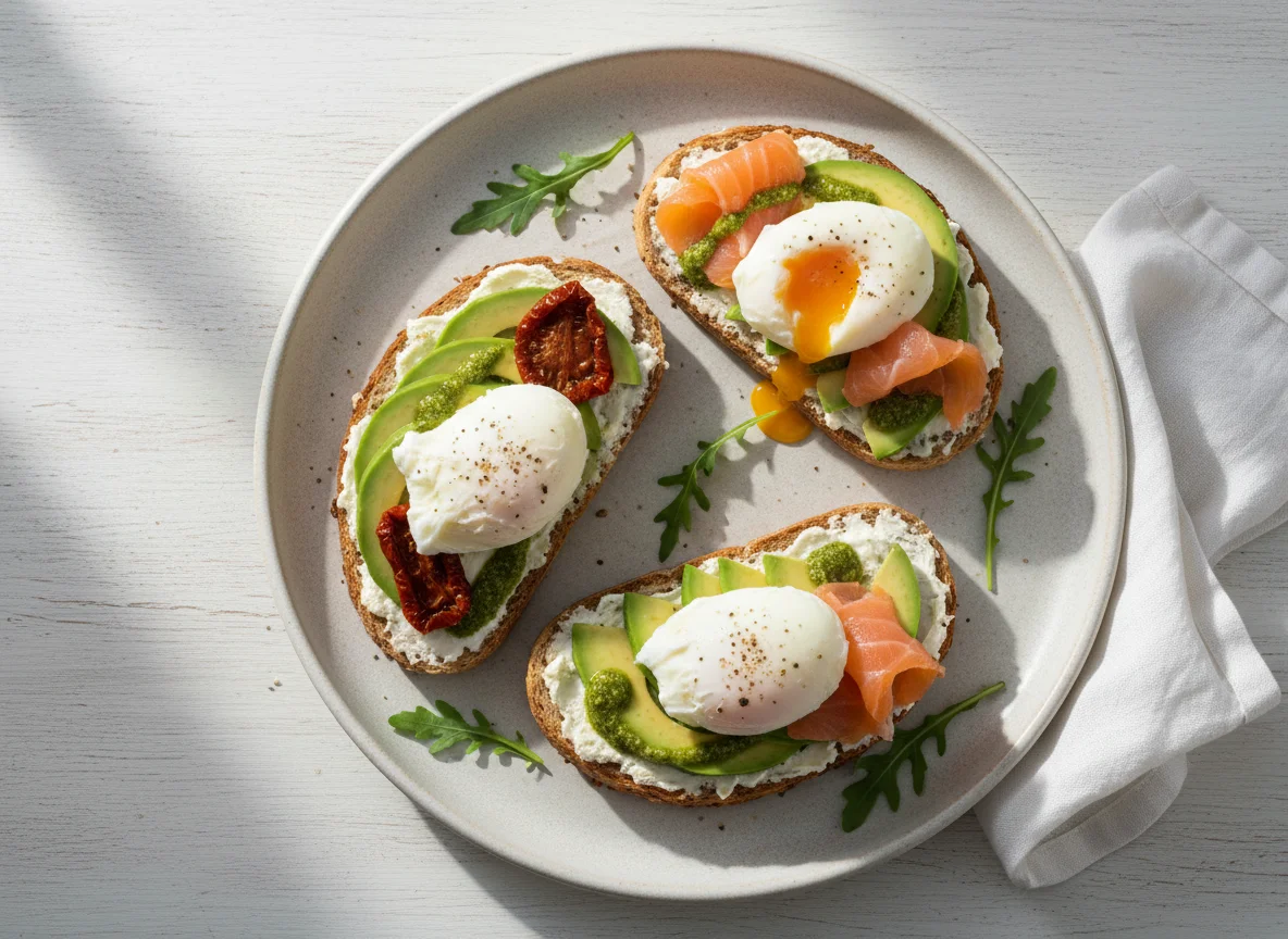 Брускетта с авокадо, яйцами пашот и лососем photo
