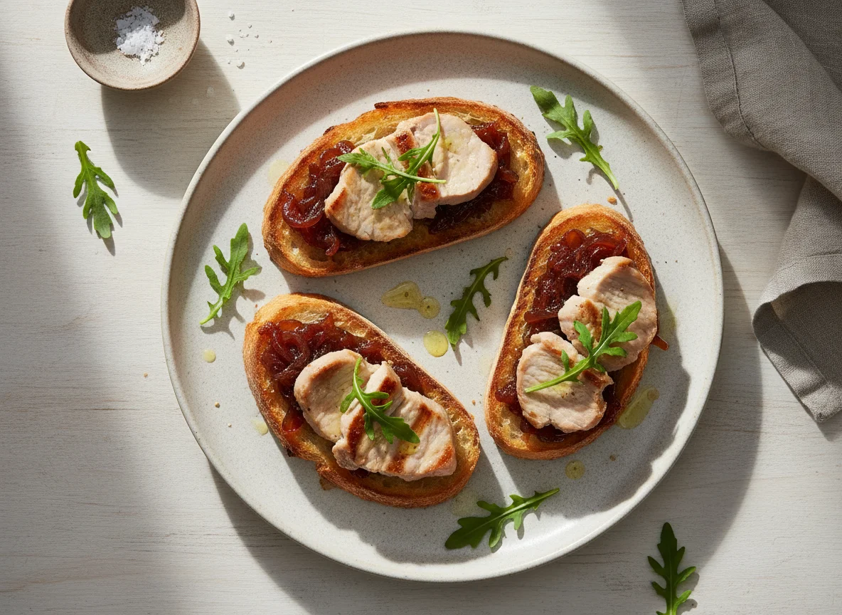 Брускетта с мясом и луковым конфитюром photo