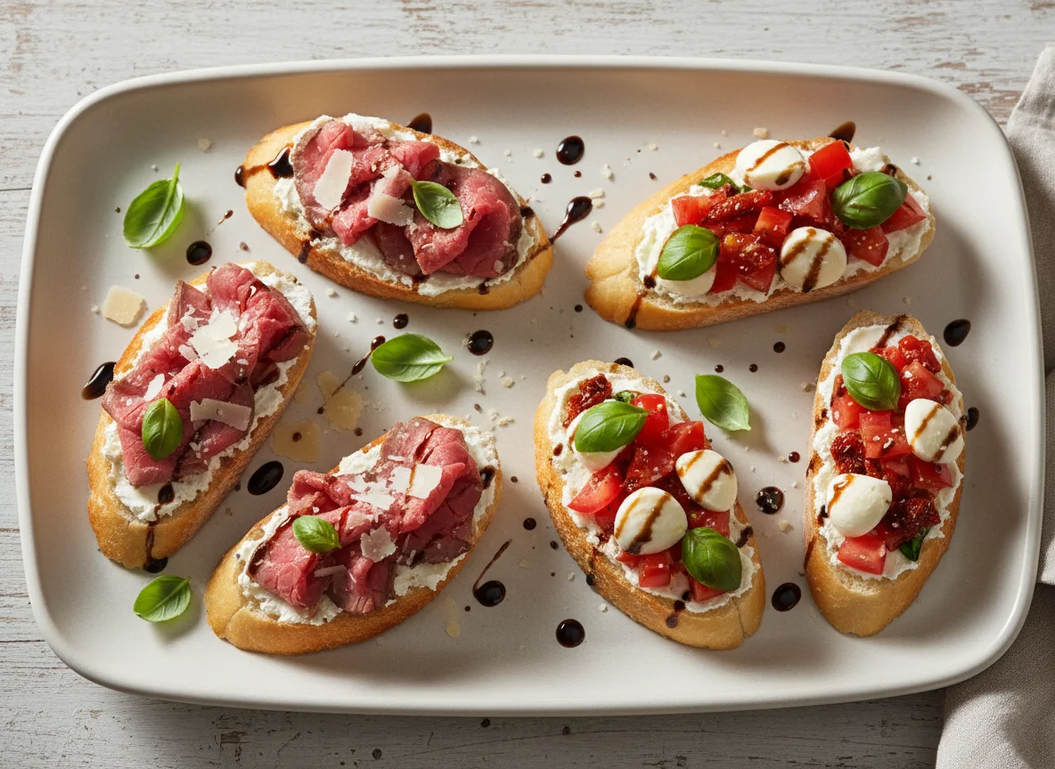 Брускетты с ростбифом и брускетты с томатами и моцареллой photo