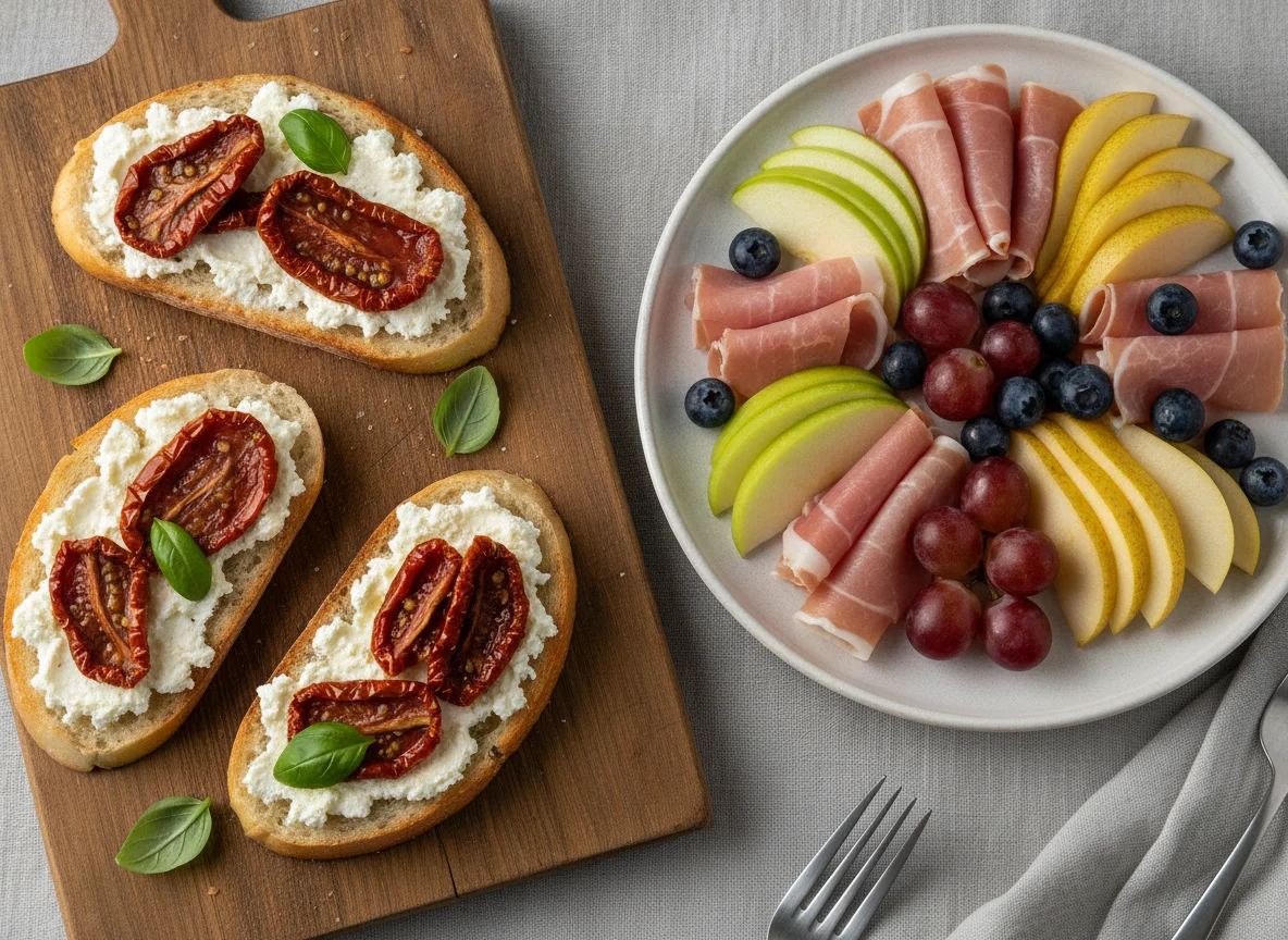 Брускетты с сыром и вялеными томатами, фруктовая нарезка photo