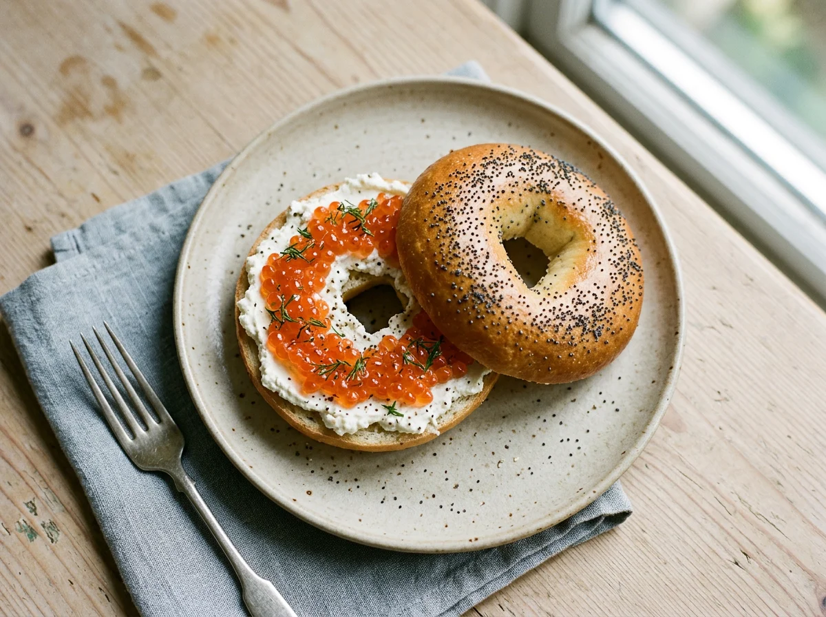 Бублик с творожным сыром и красной икрой photo