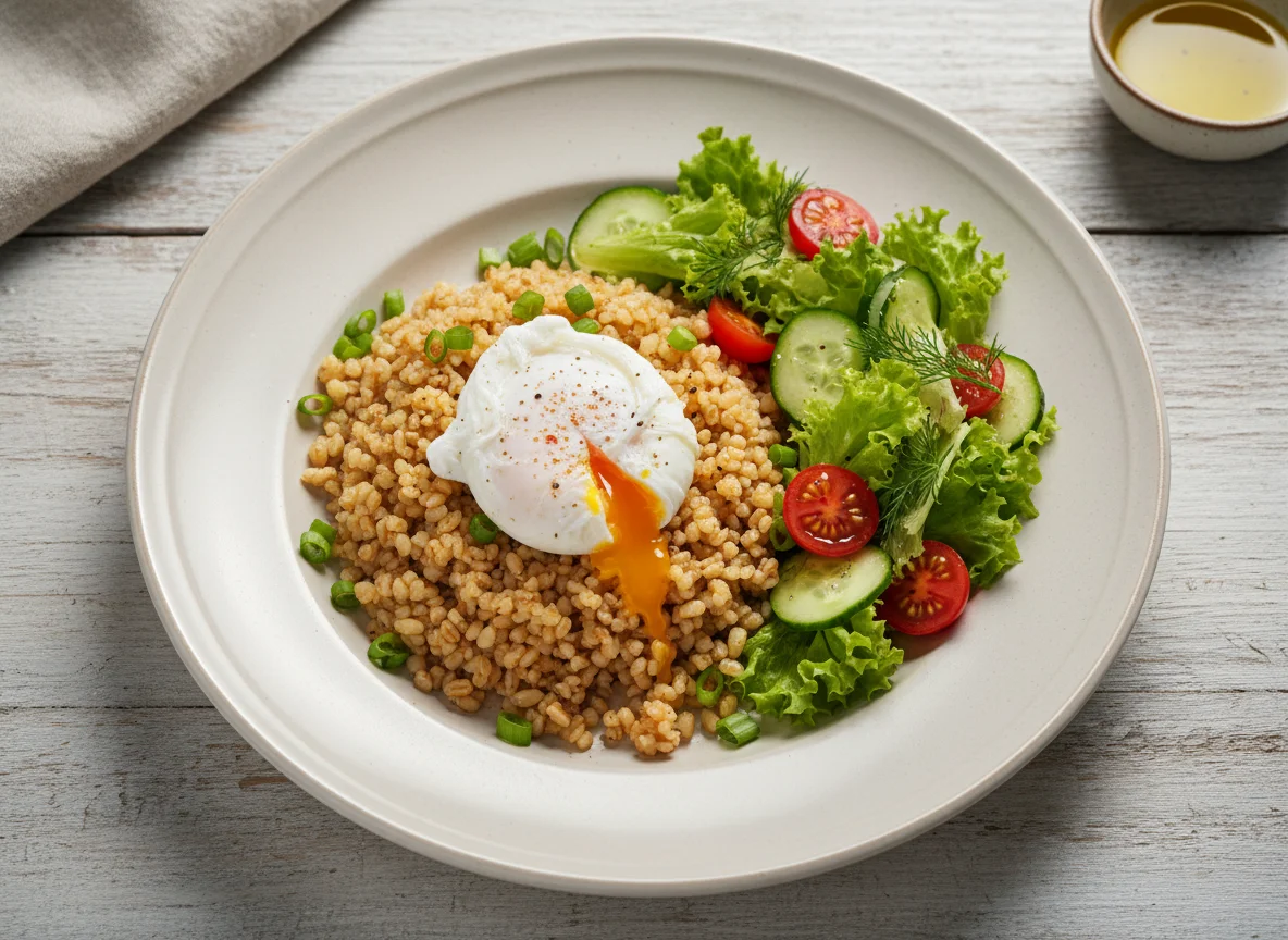 Булгур с яйцом пашот и салатом photo