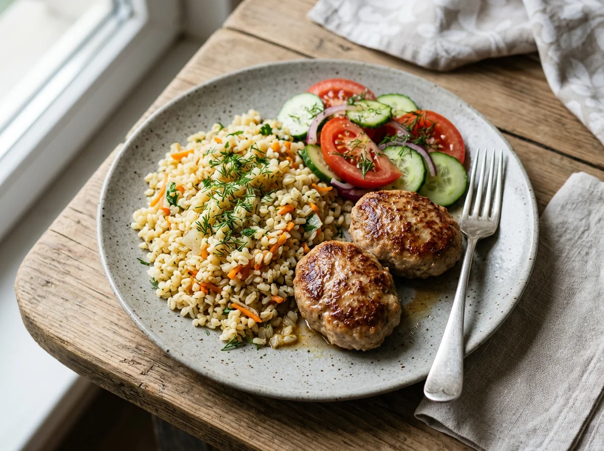 Булгур с котлетами и овощами photo