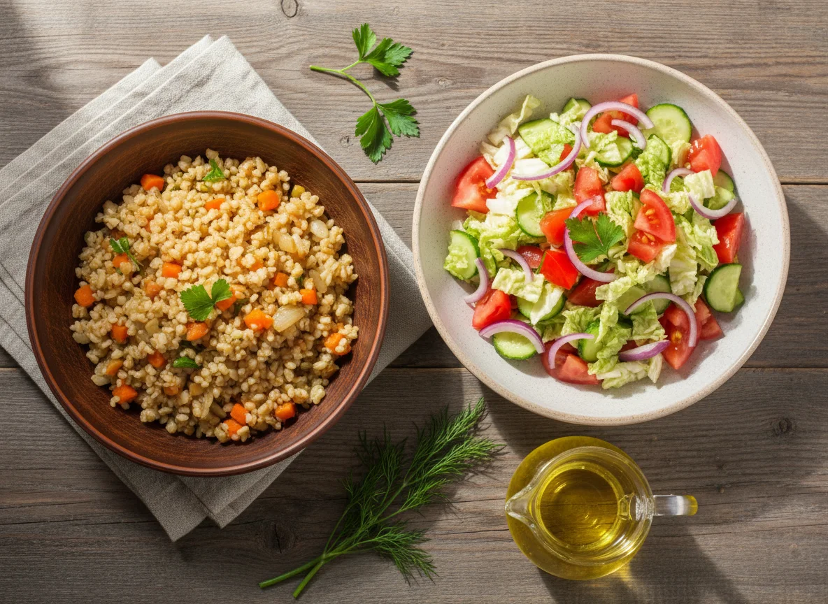 Булгур с овощами и овощной салат photo
