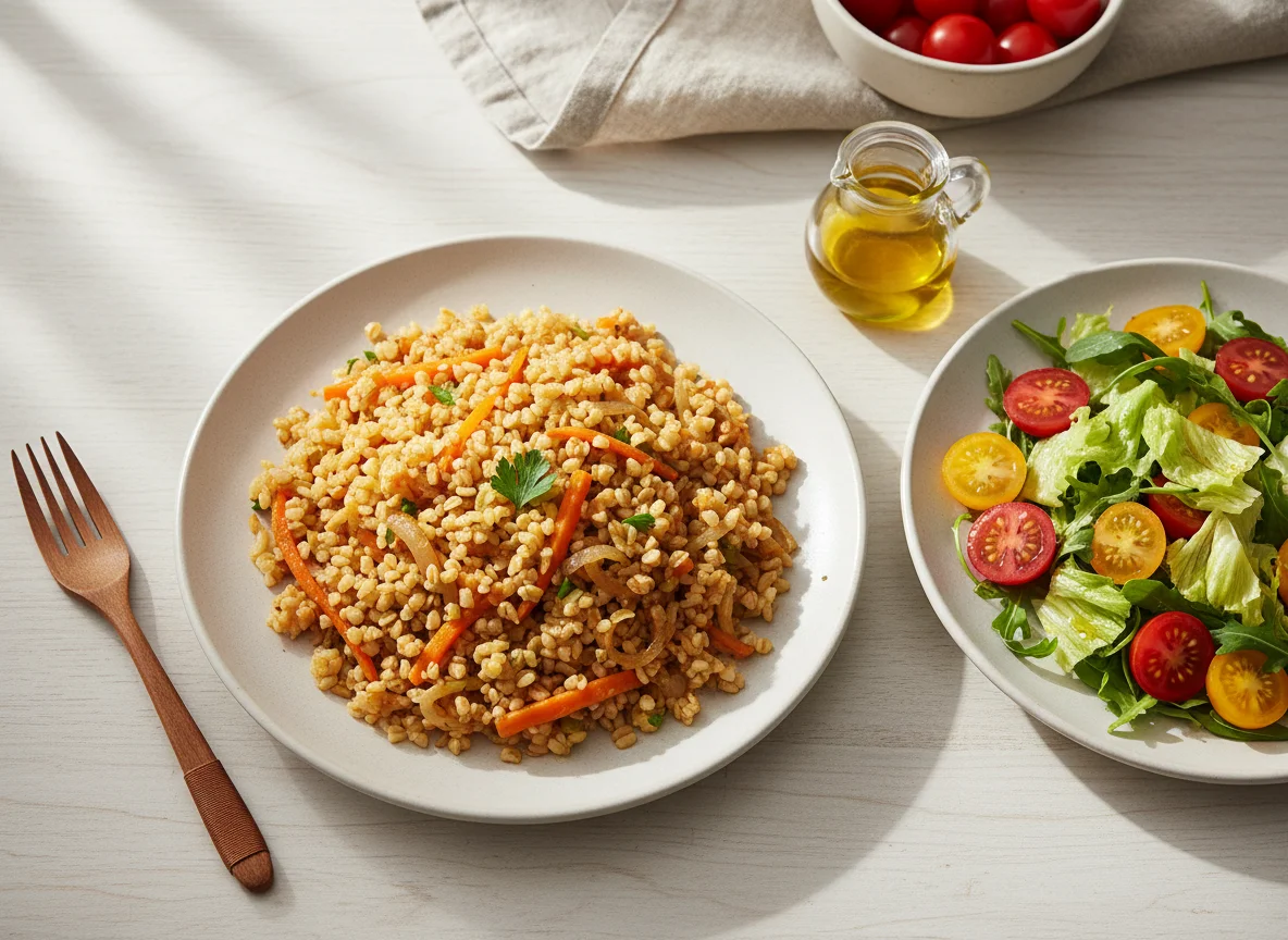 Булгур с овощами и салат из свежих овощей photo