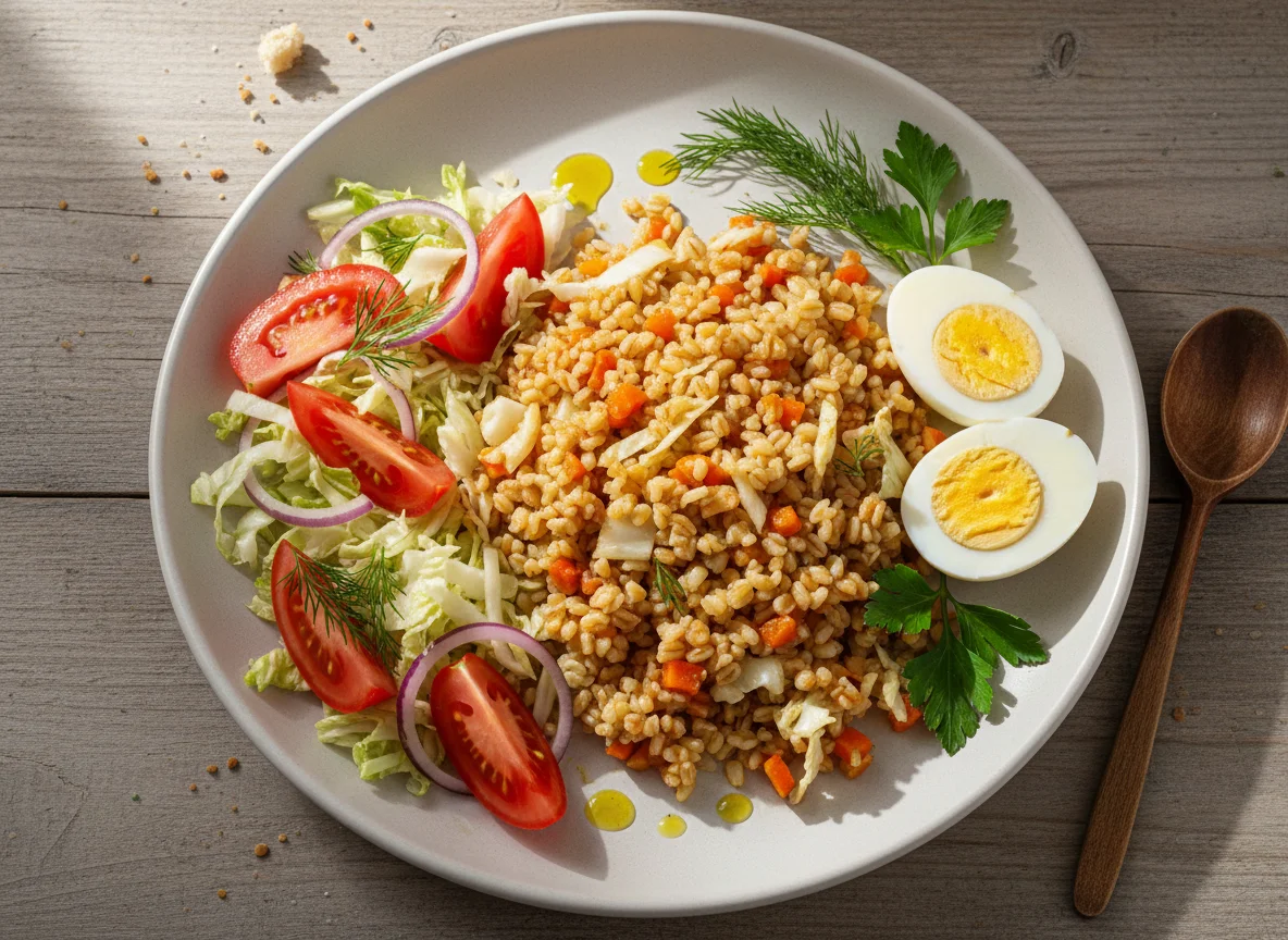 Булгур с овощами, салат и яйца photo