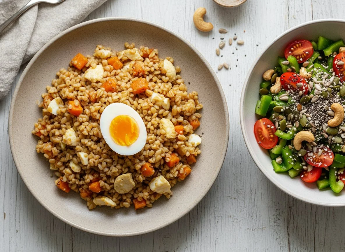 Булгур с овощами, салат из перца и томатов с семенами, яйцо photo