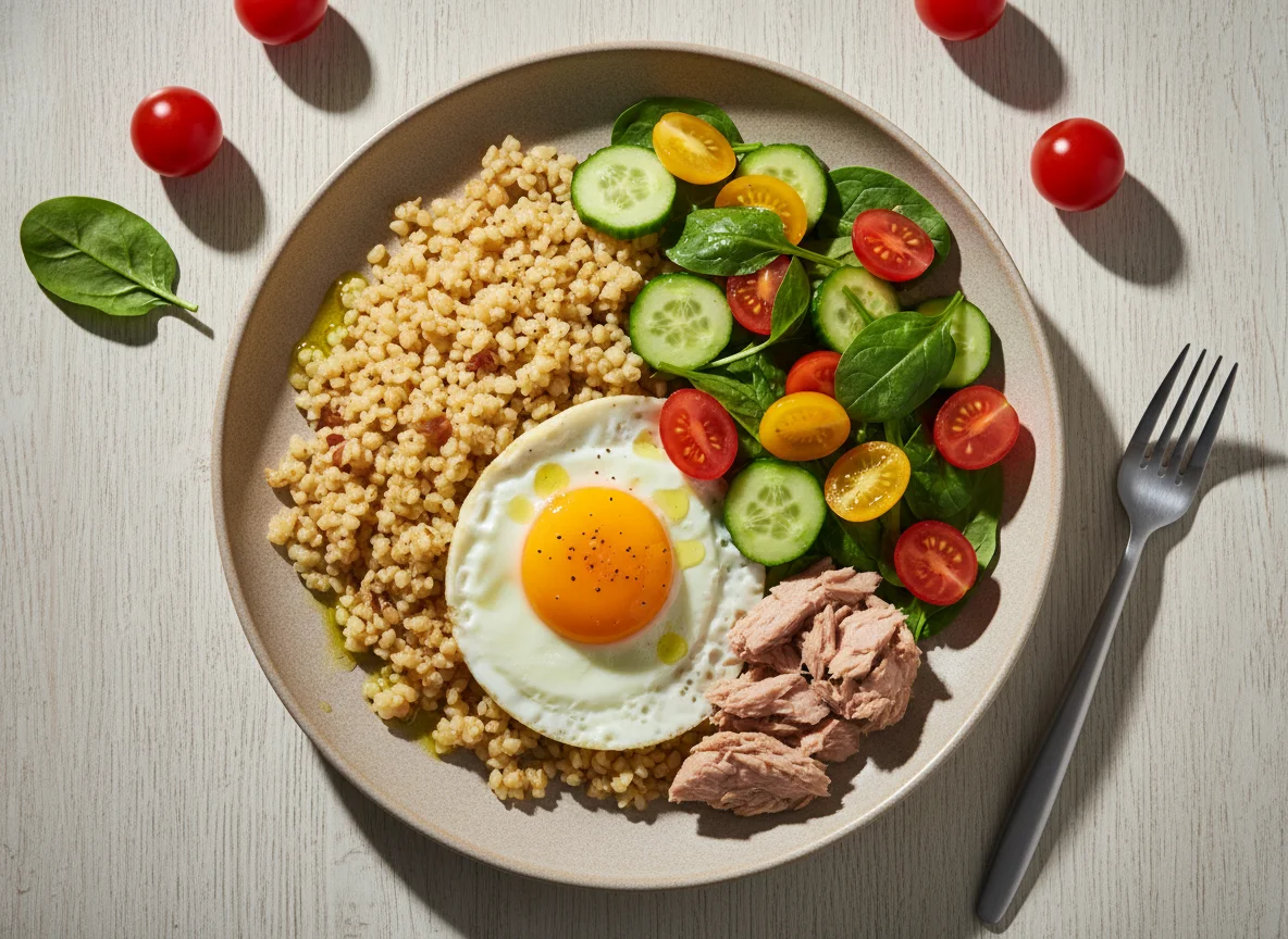 Булгур с тунцом, яичницей и овощным салатом photo