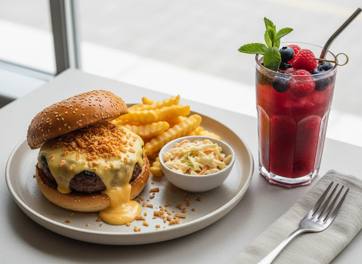 Бургер с картофелем фри и ягодным лимонадом photo