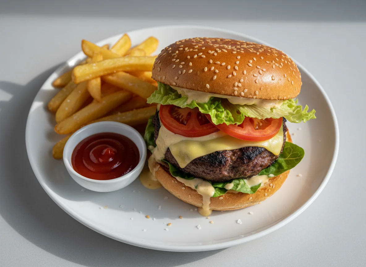 Бургер с картофелем фри и кетчупом photo