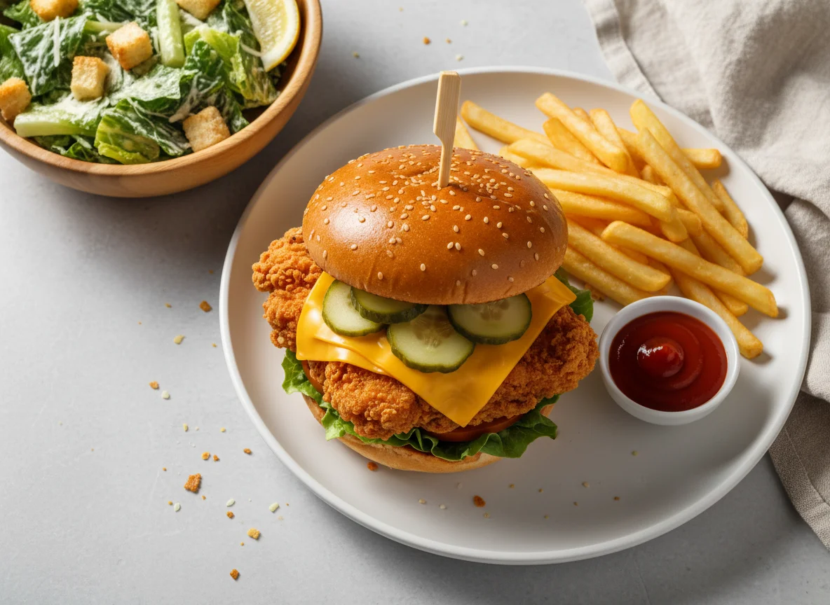 Бургер с картофелем фри и салатом Цезарь photo