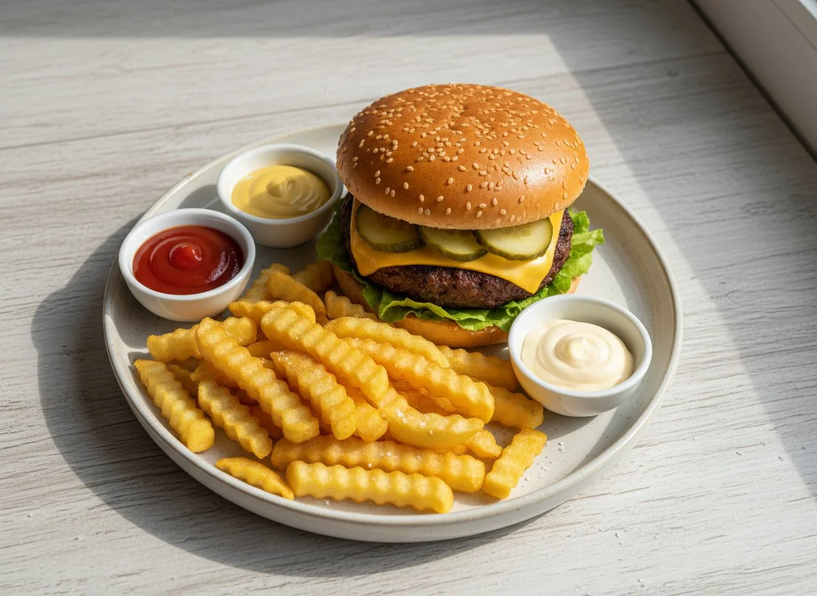 Бургер с картофелем фри и соусами photo