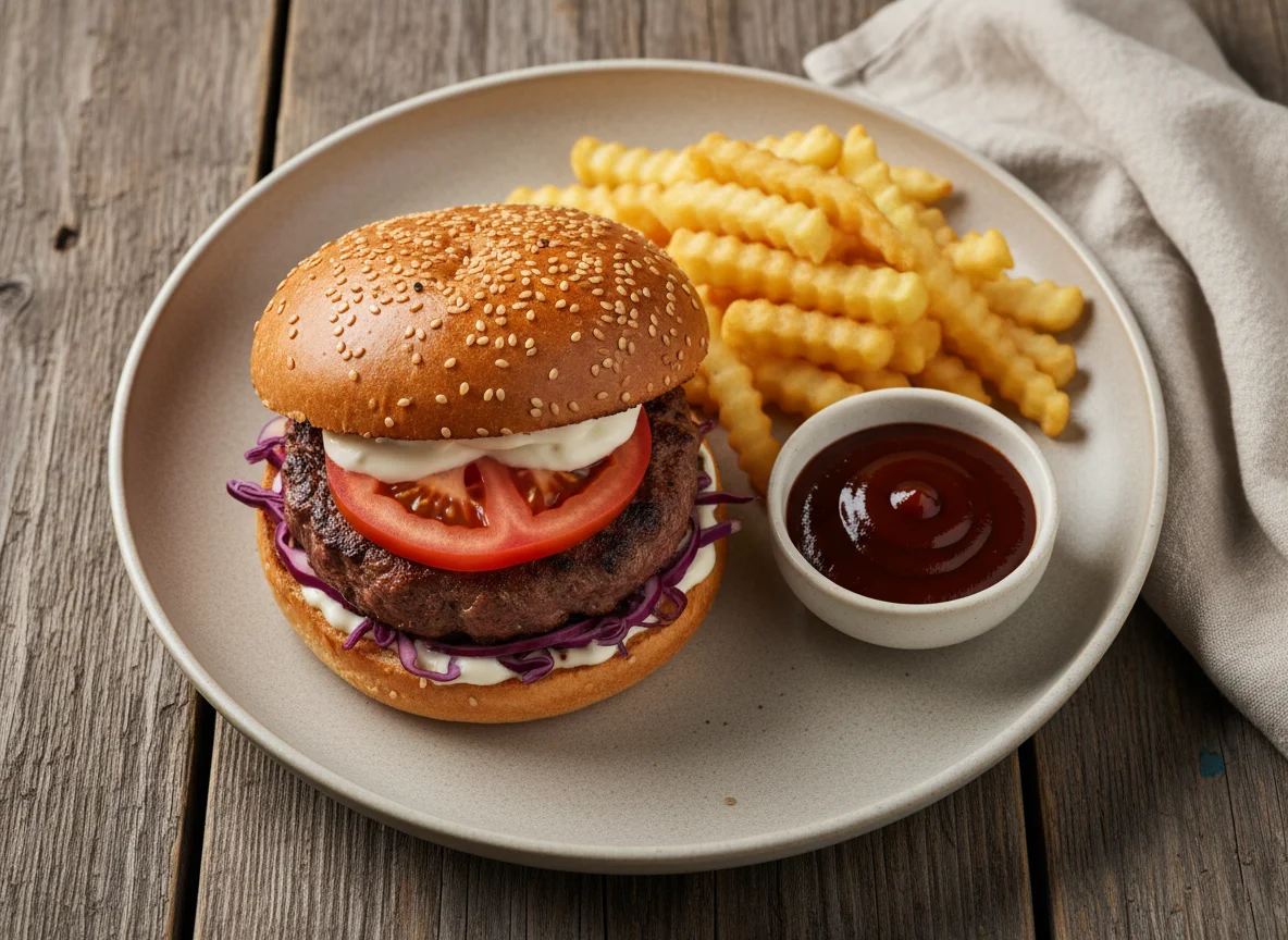 Бургер с картофелем фри и соусом photo