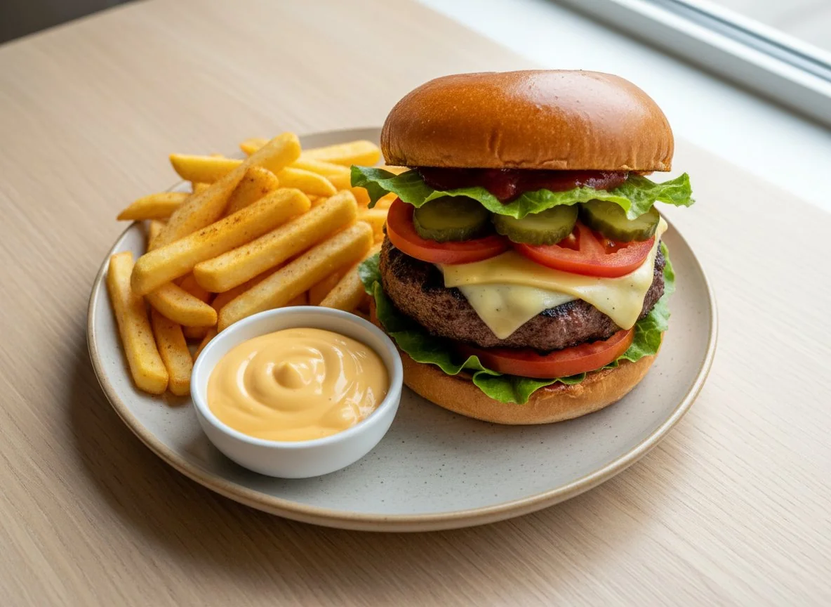 Бургер с картофелем фри и сырным соусом photo