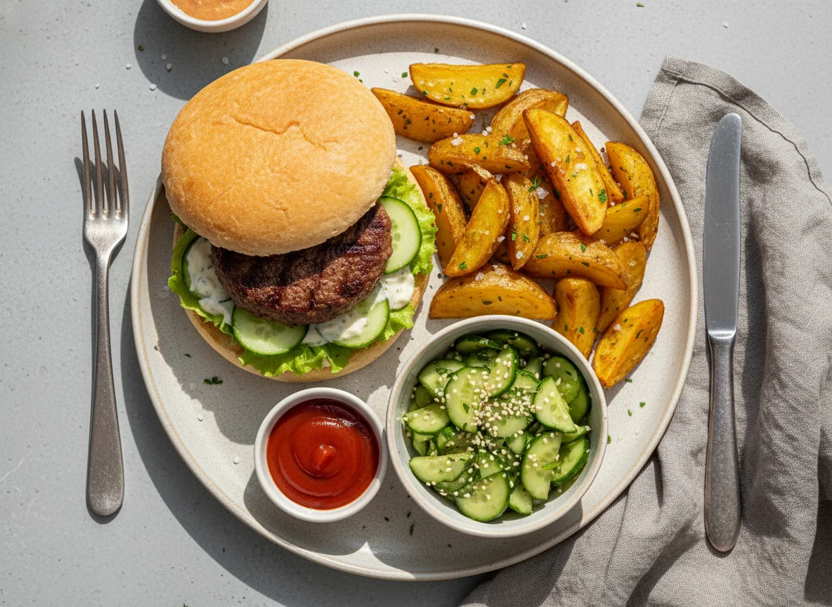 Бургер с картофелем по-деревенски и огуречным салатом photo