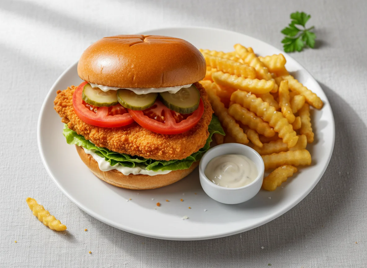 Бургер с курицей и картофель фри photo