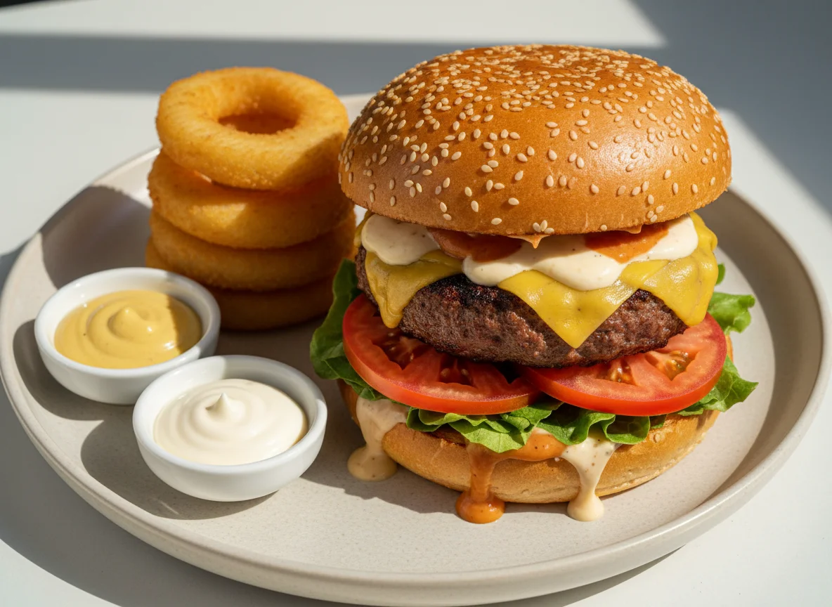 Бургер с луковыми кольцами и соусами photo