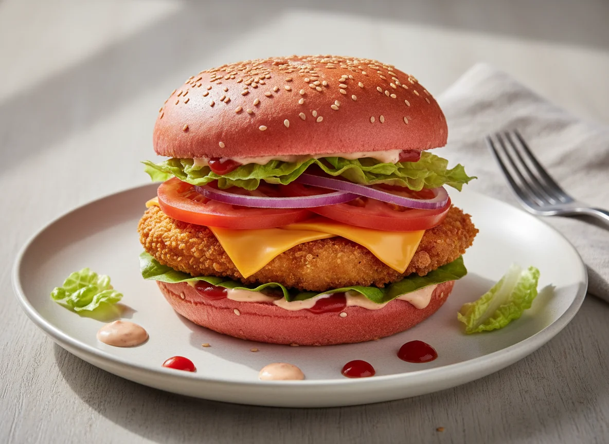 Бургер с розовой булочкой и куриной котлетой photo