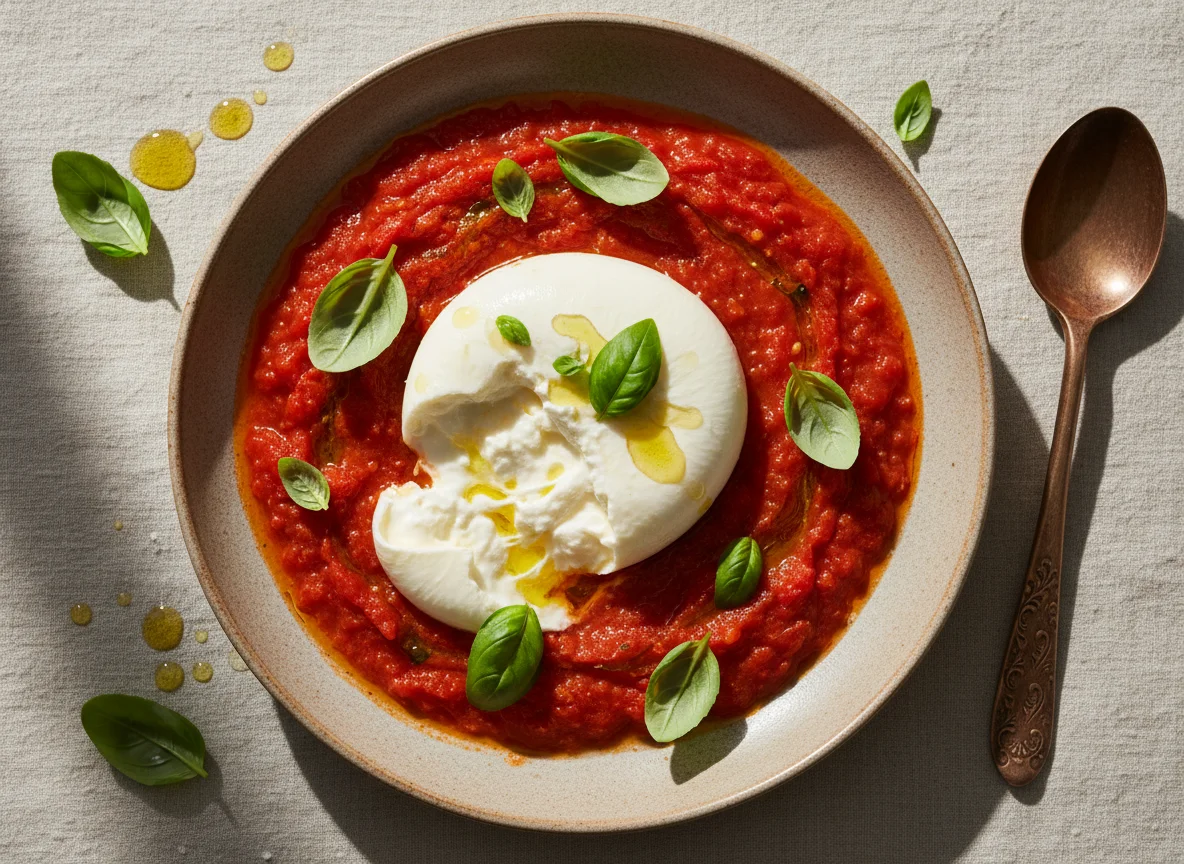 Буррата с томатным соусом и базиликом photo