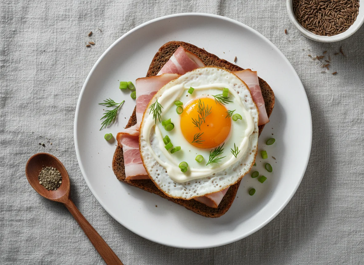 Бутерброд на бородинском хлебе с ветчиной и яйцом photo