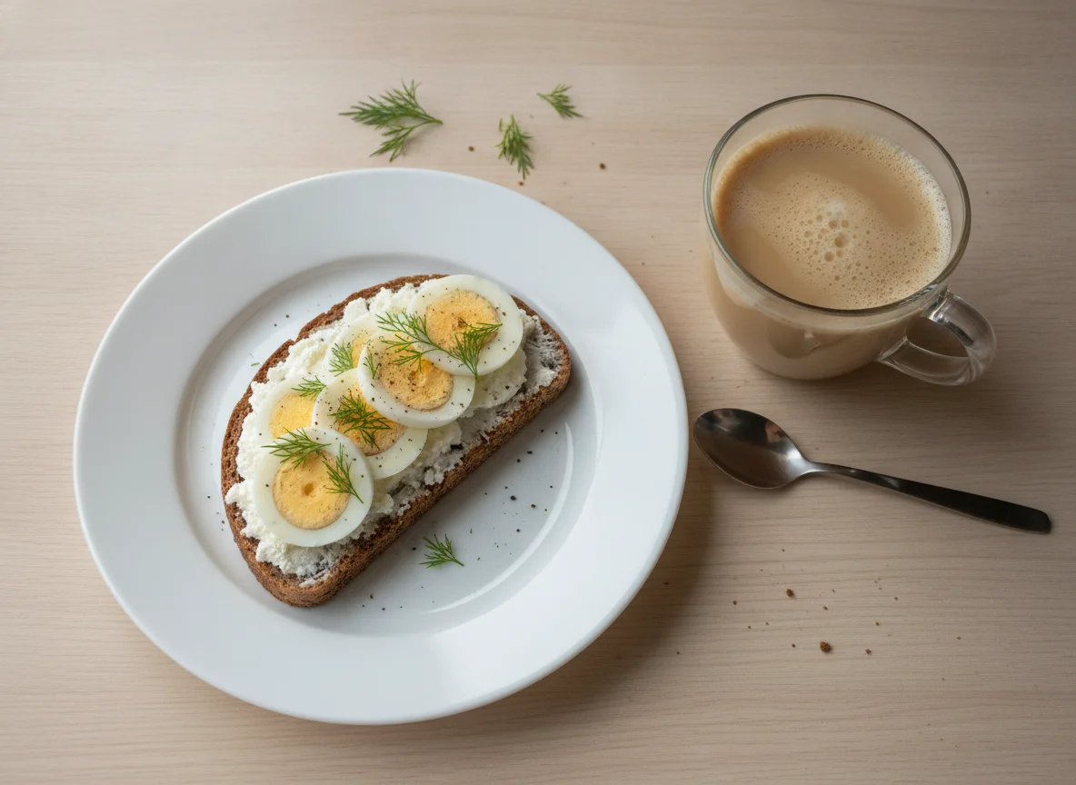 Бутерброд с яйцом и кофе с молоком photo