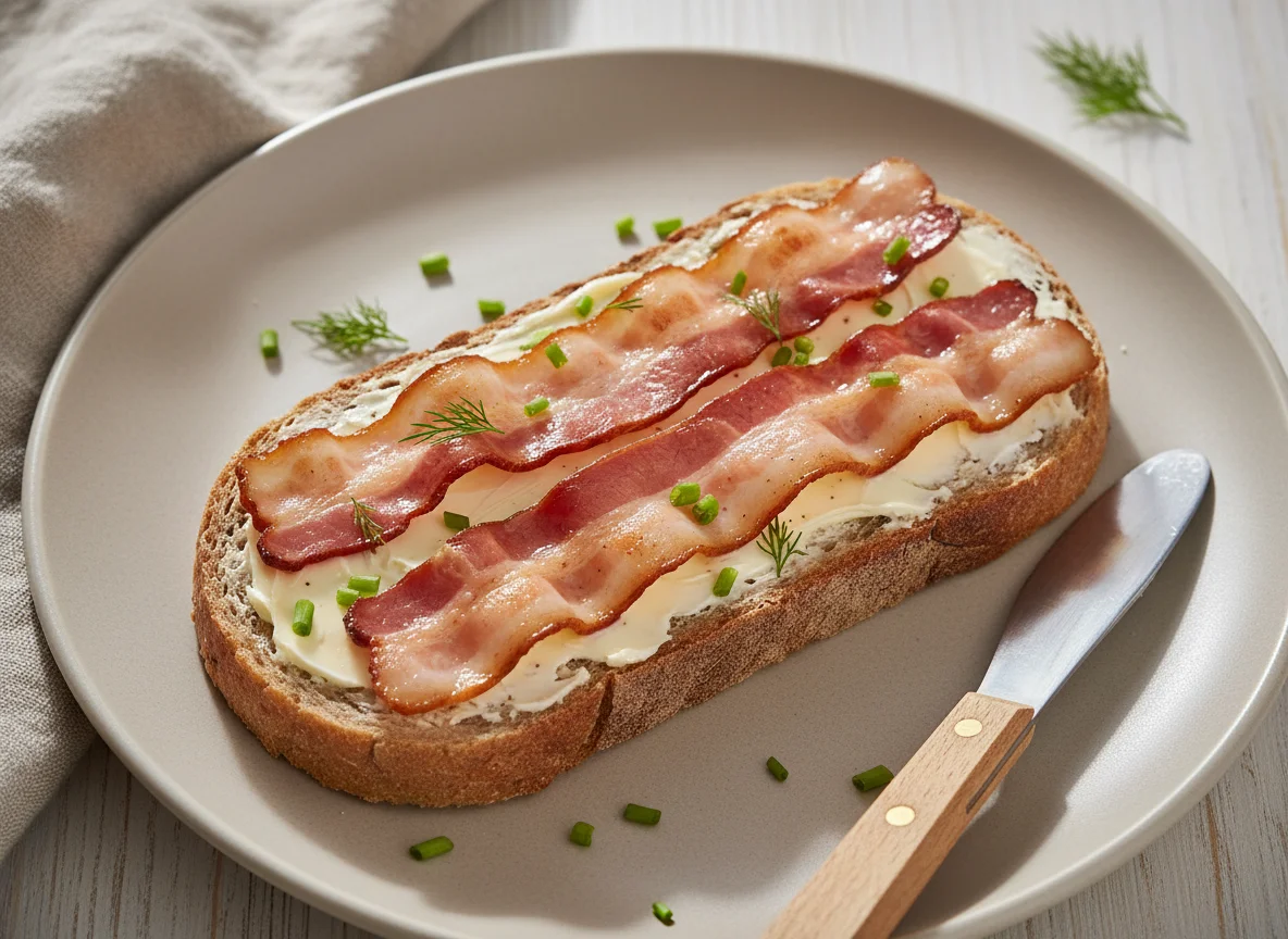 Бутерброд с беконом и маслом photo