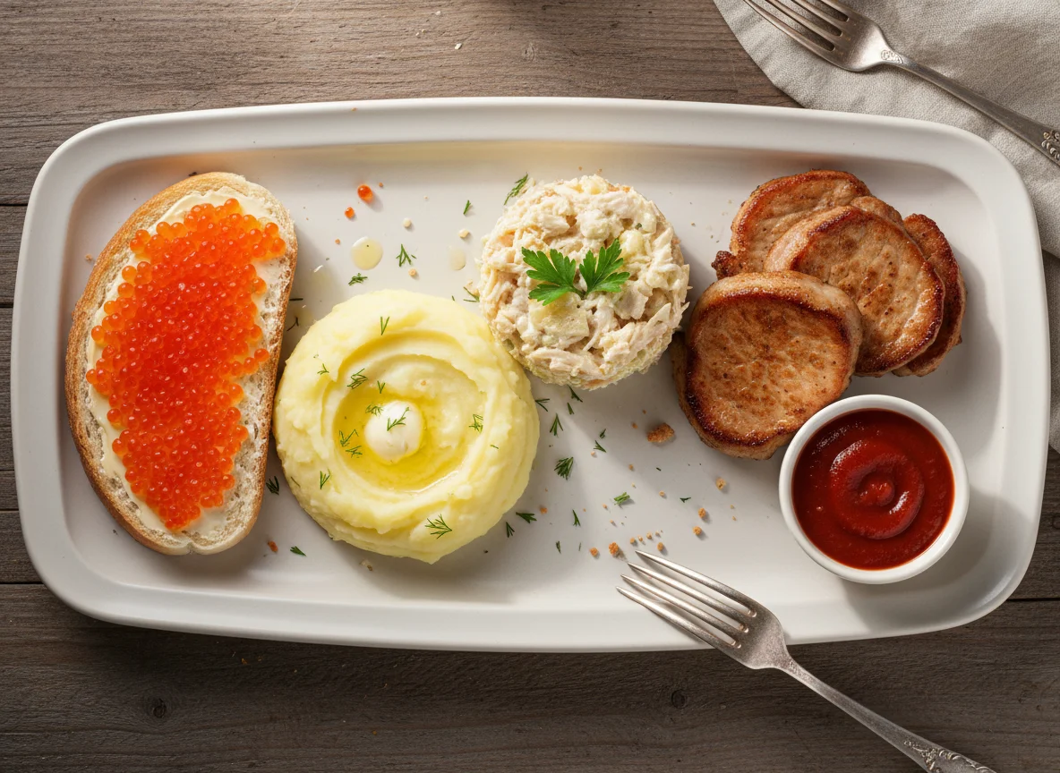 Бутерброд с икрой, пюре, салат с курицей и ананасом, свиная шея жареная photo