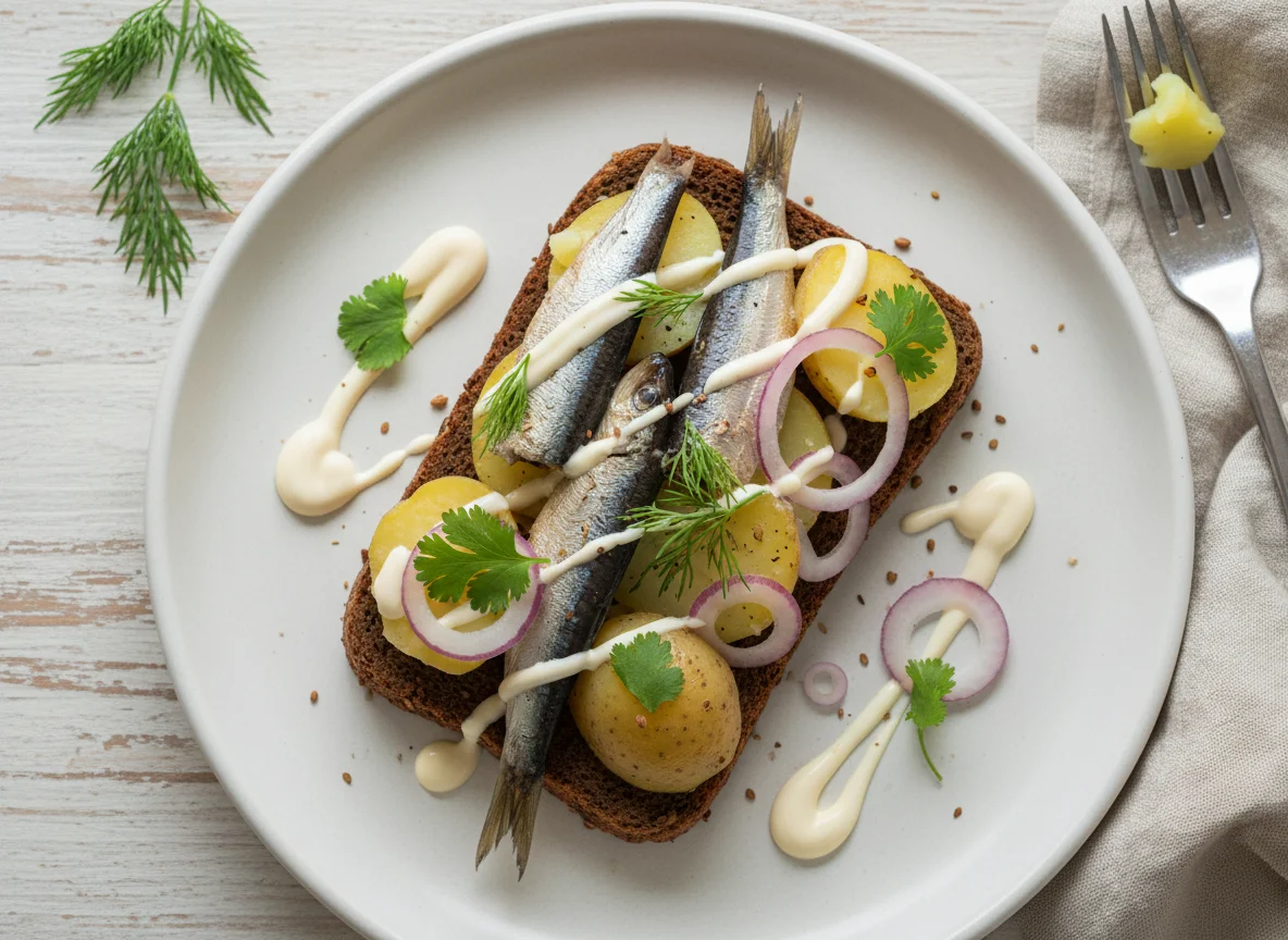 Бутерброд с килькой и картофелем photo