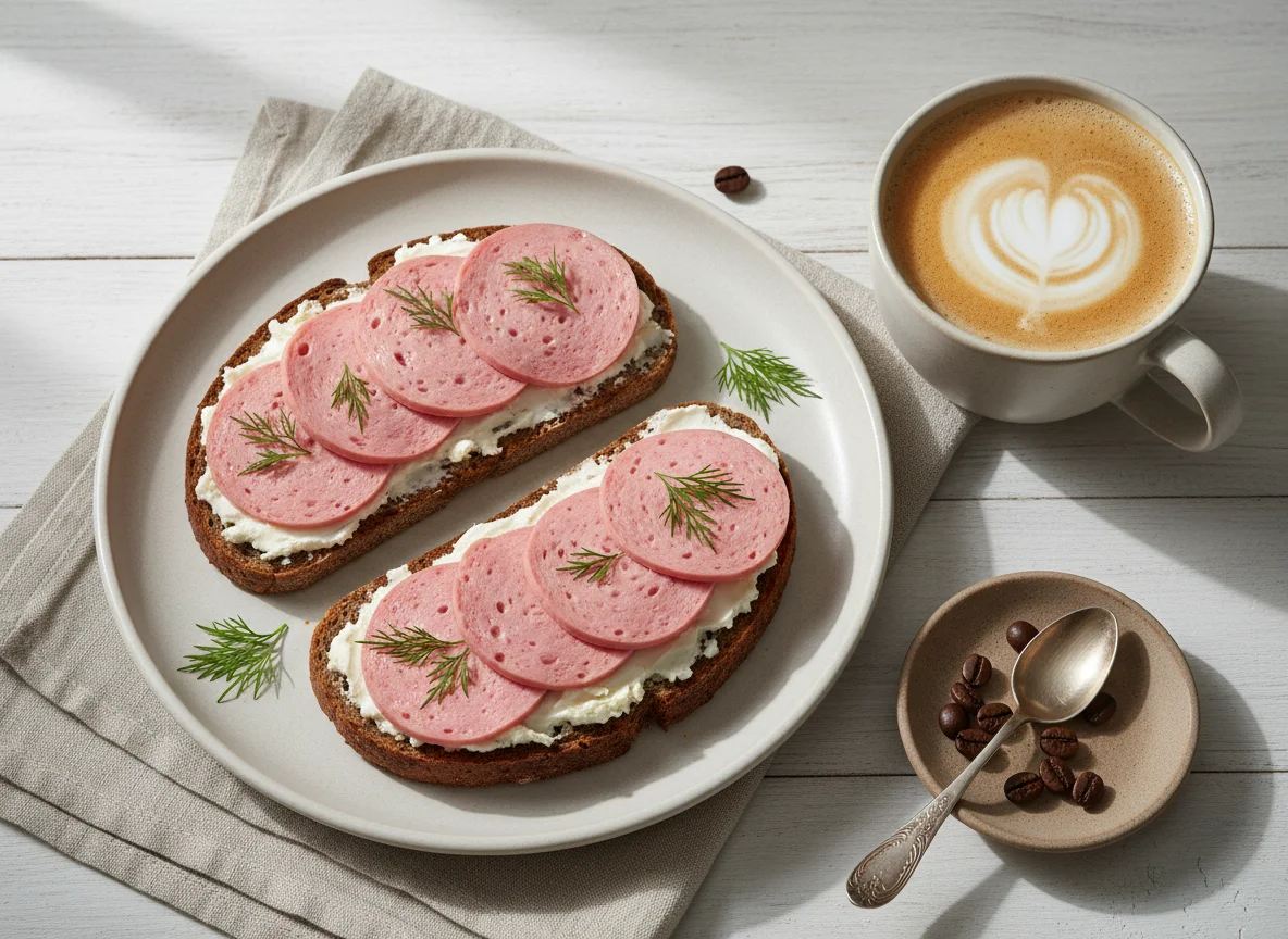 Бутерброд с колбасой и кофе с молоком photo