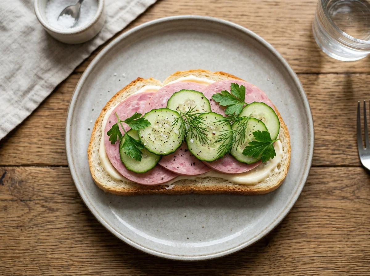 Бутерброд с колбасой и огурцами photo