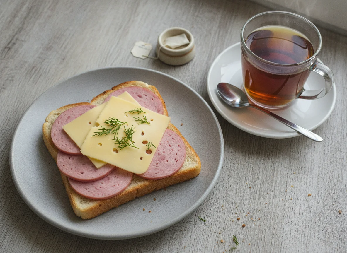 Бутерброд с колбасой и сыром и чай photo