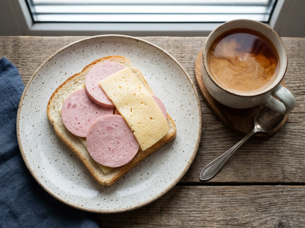 Бутерброд с колбасой и сыром и чай с молоком photo