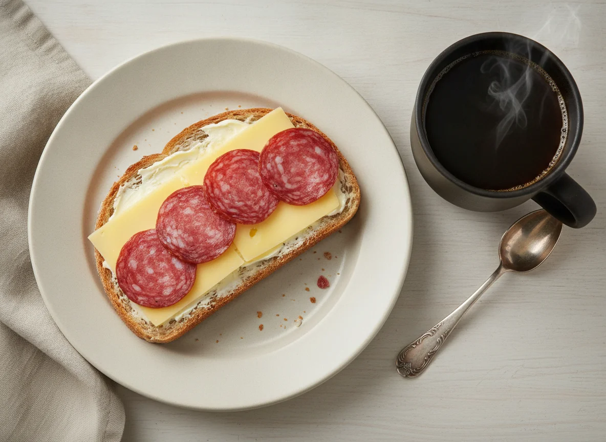 Бутерброд с колбасой и сыром и черный кофе photo