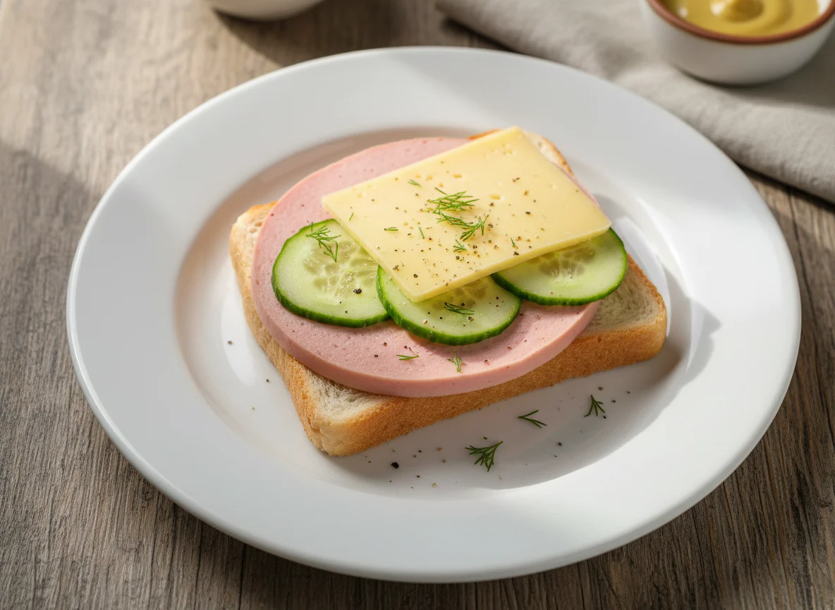 Бутерброд с колбасой, огурцом и сыром photo