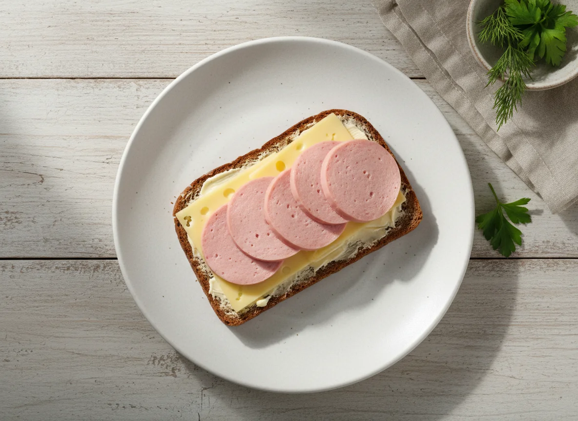 Бутерброд с колбасой, сыром и маслом photo