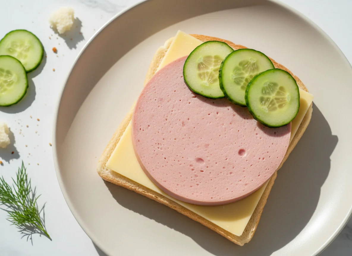 Бутерброд с колбасой, сыром и огурцом photo