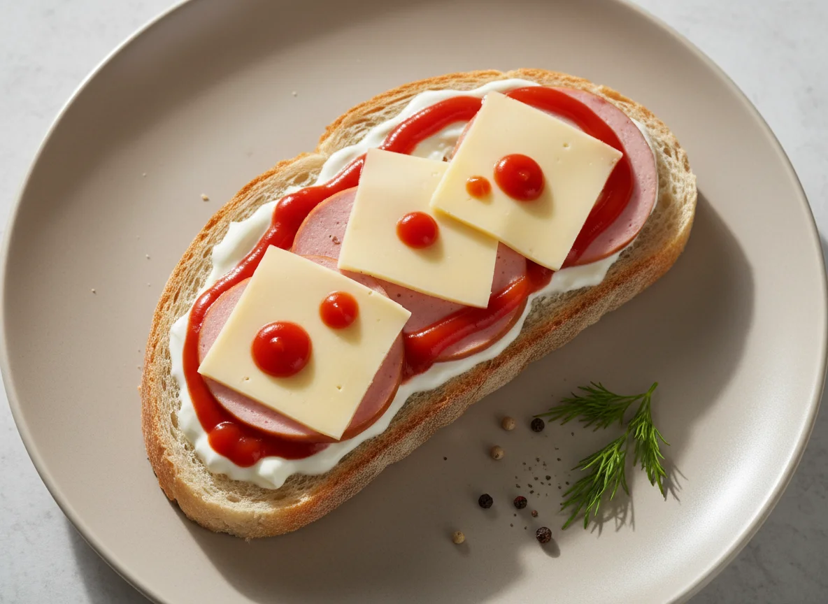 Бутерброд с колбасой, сыром и соусом photo