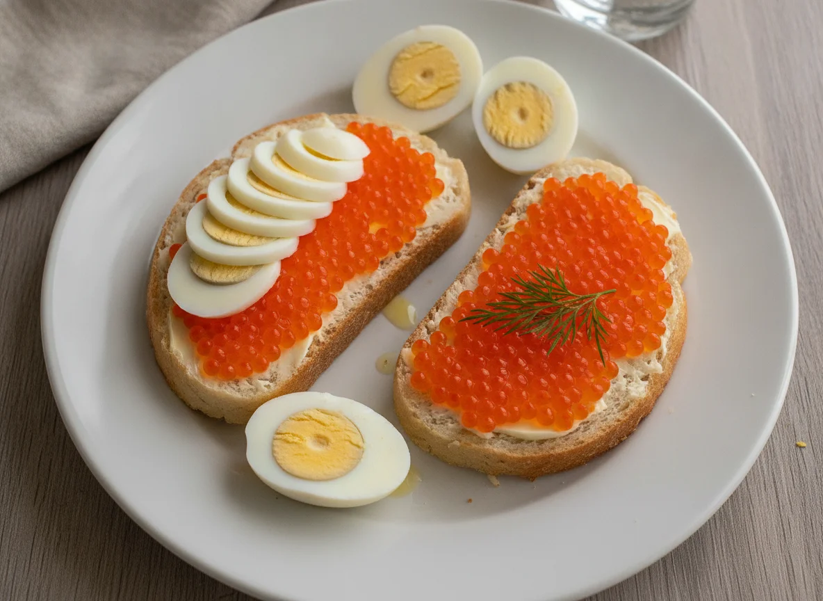 Бутерброд с красной икрой и вареные яйца photo