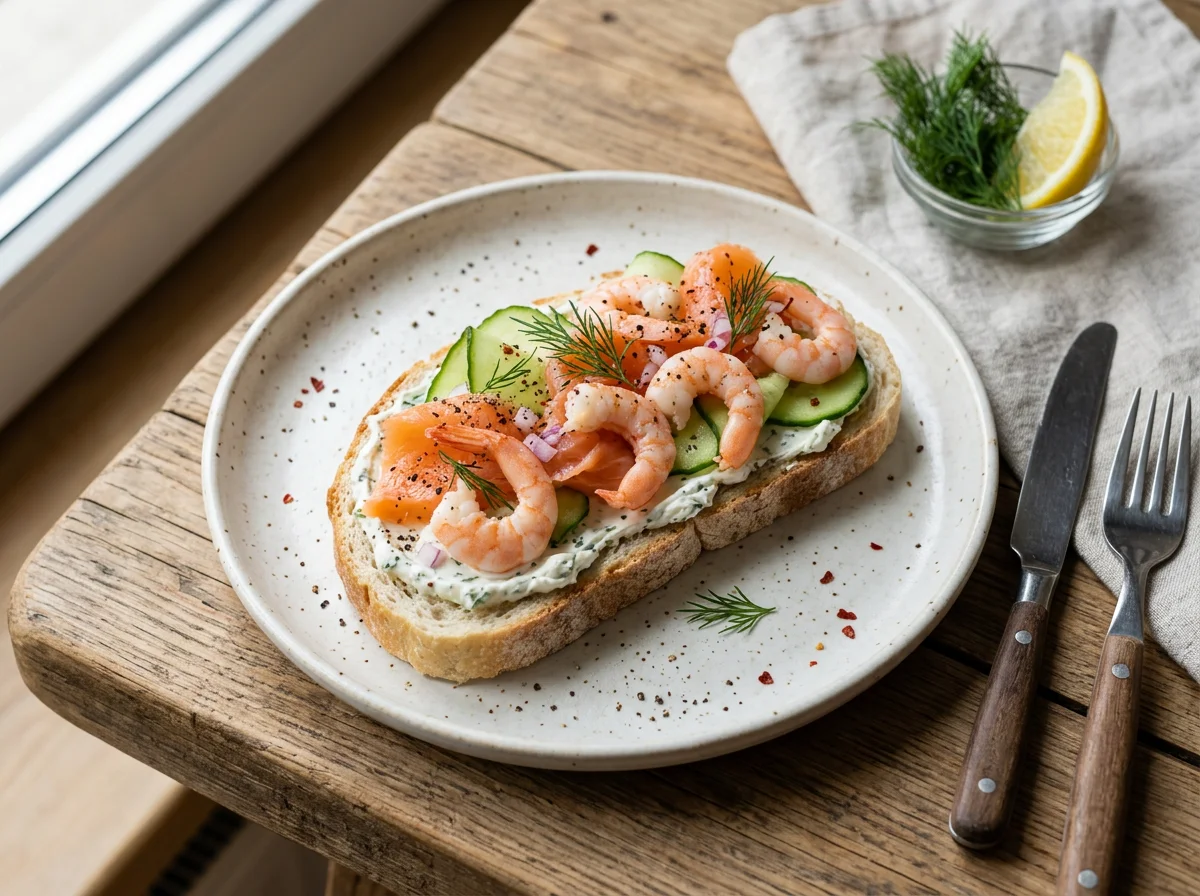 Бутерброд с лососем, креветками и огурцом photo
