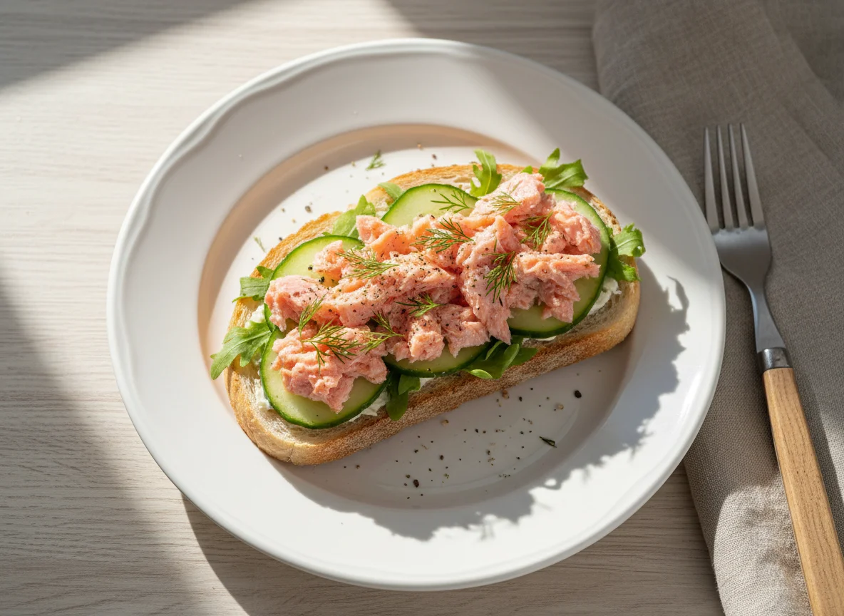 Бутерброд с лососем, огурцом и салатом photo