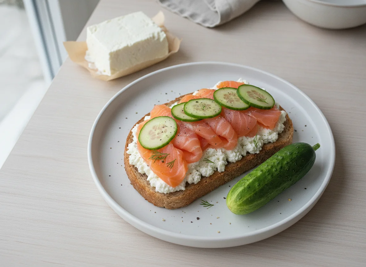Бутерброд с лососем, творожным сыром и огурцом photo
