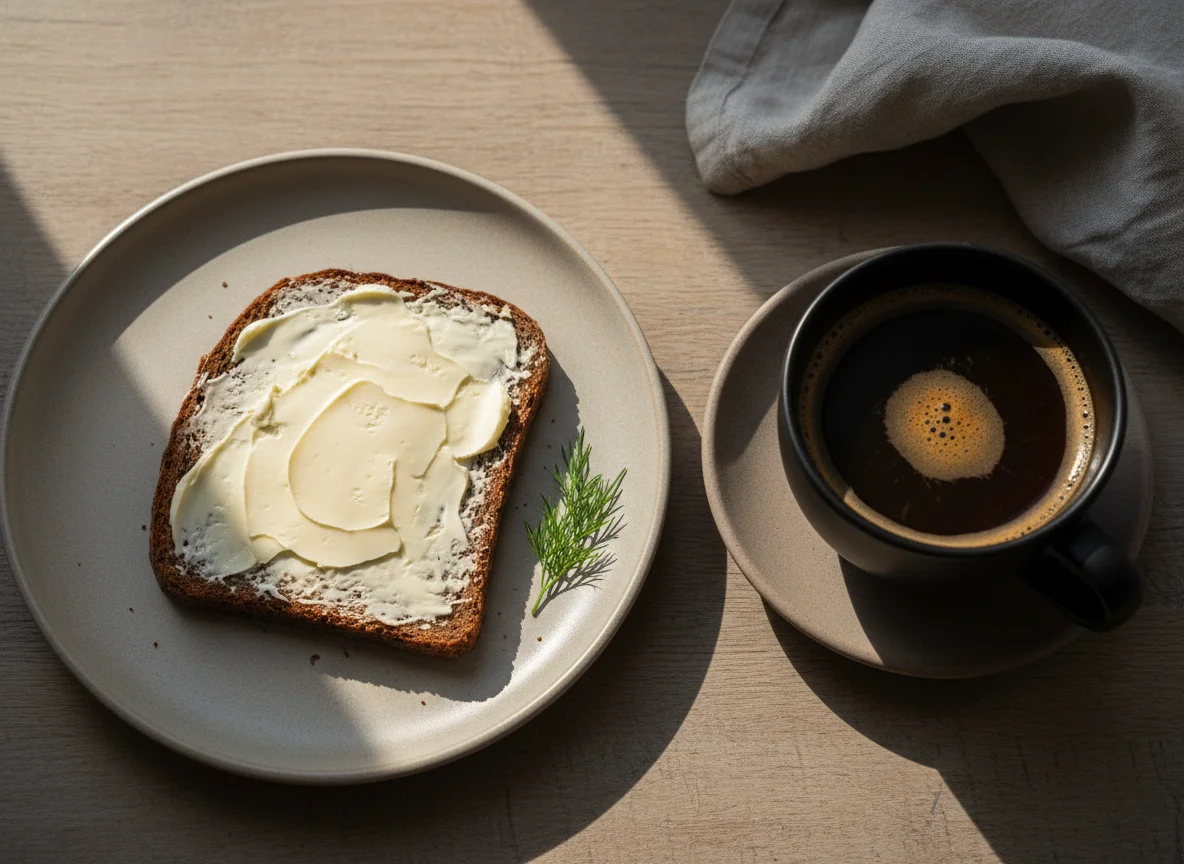 Бутерброд с маслом и кофе photo