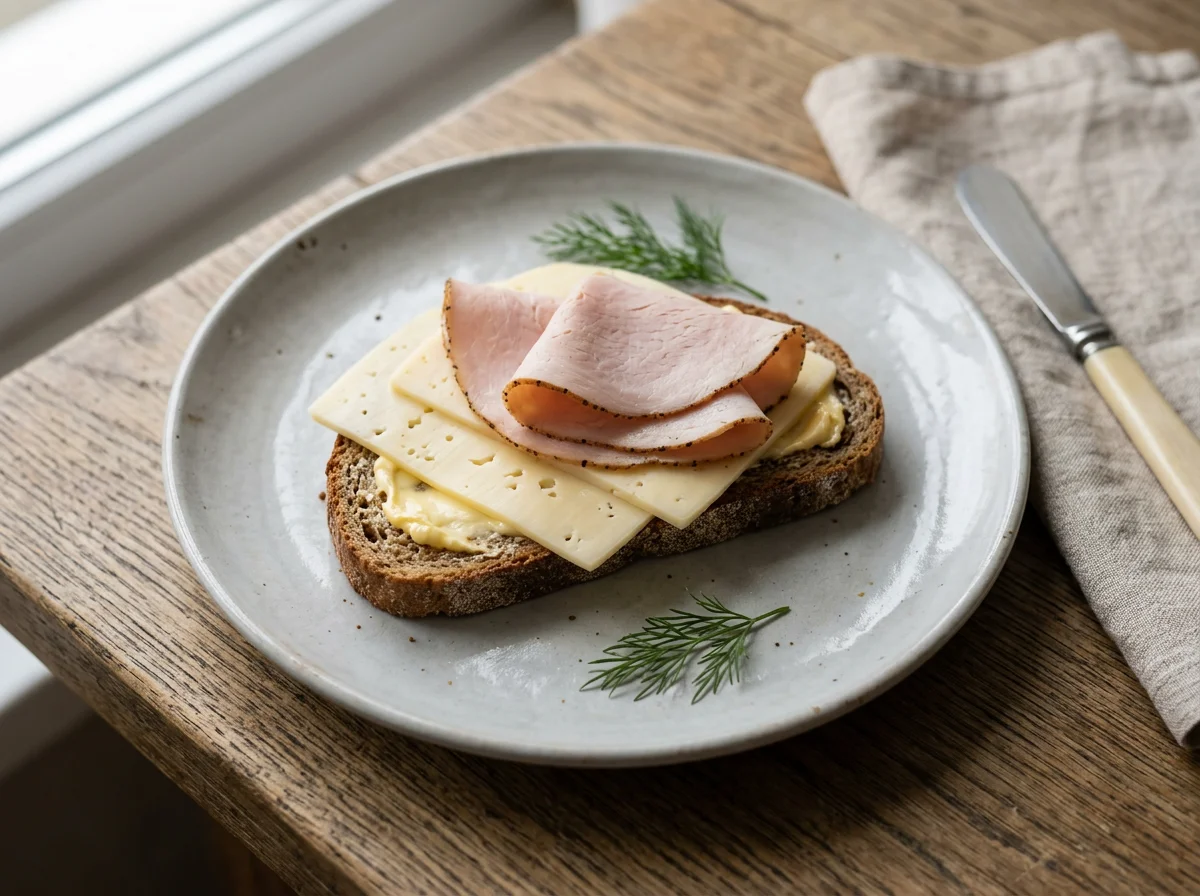 Бутерброд с маслом, сыром и ветчиной photo